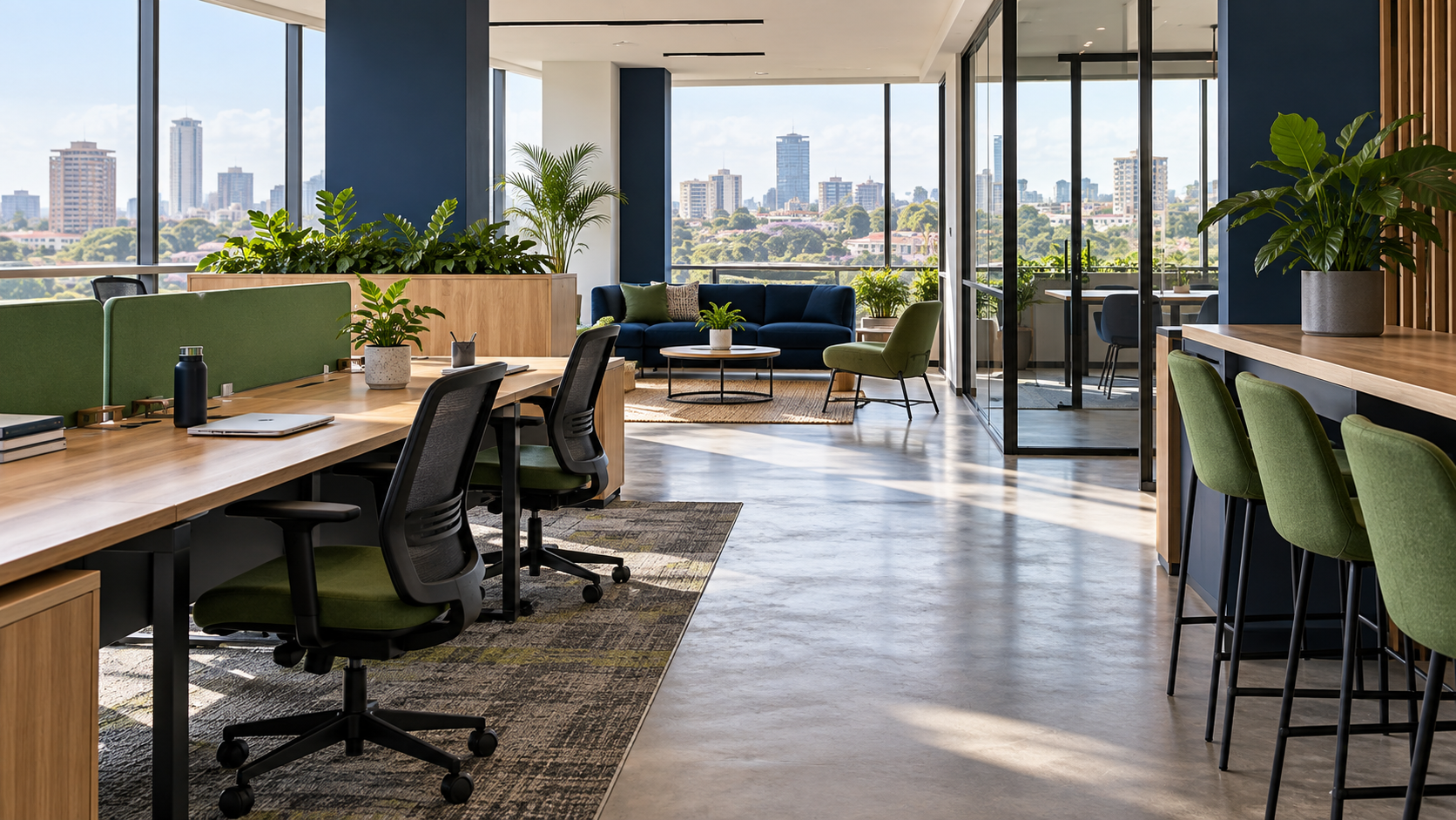An illustrative, unoccupied workplace with clear circulation and space for focused work and rest